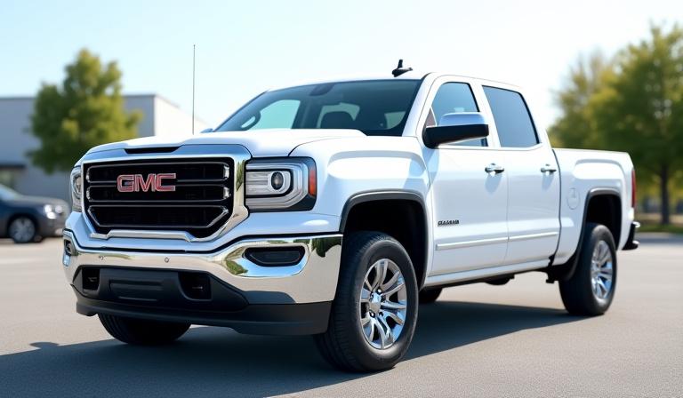 A clean white pickup truck parked on the dealership lot