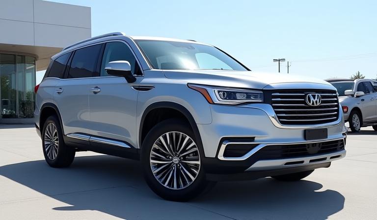 A silver SUV parked prominently in the front row