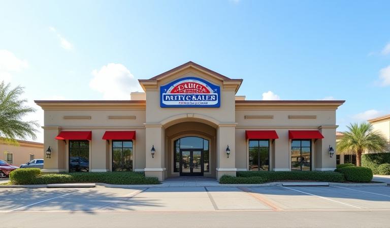 Exterior view of the American Auto & Truck Sales office building and signage