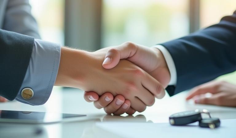 Close up of a car dealer shaking hands with a customer over a desk with car keys